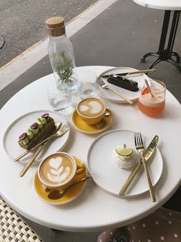 Cozy outdoor cafe setting with artistic latte and delectable desserts on a stylish table.